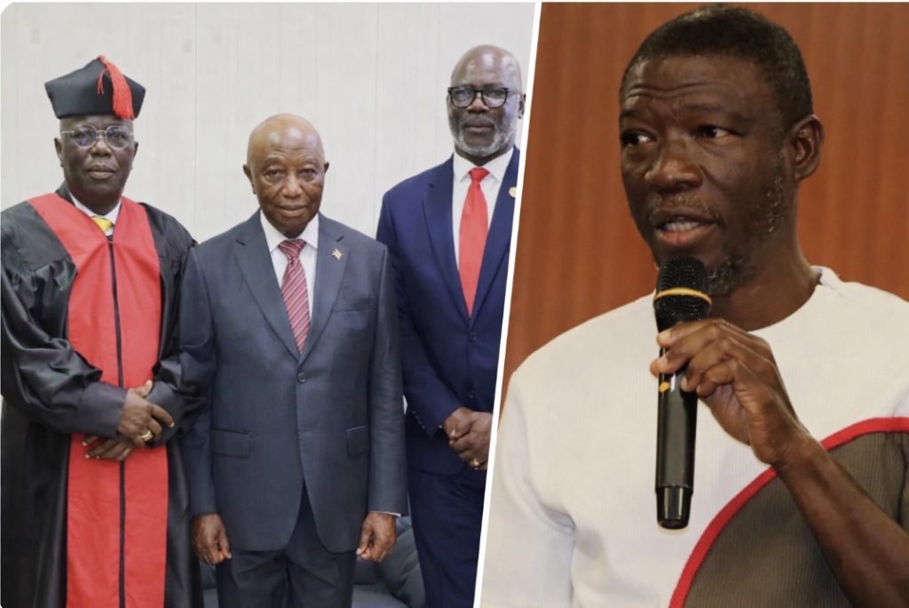 Split image: left side shows three men in formal attire (one in a graduation gown) posing for a ceremony photo; right side shows a man in a white shirt speaking into a microphone.