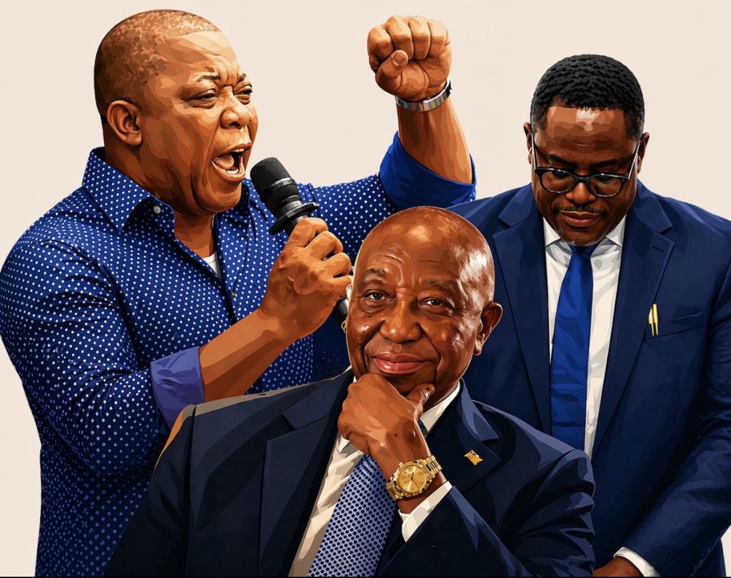 Three men in suits celebrate: one passionately speaks into a microphone with a raised fist, another sits smiling, a third stands nearby in glasses and a blue suit.