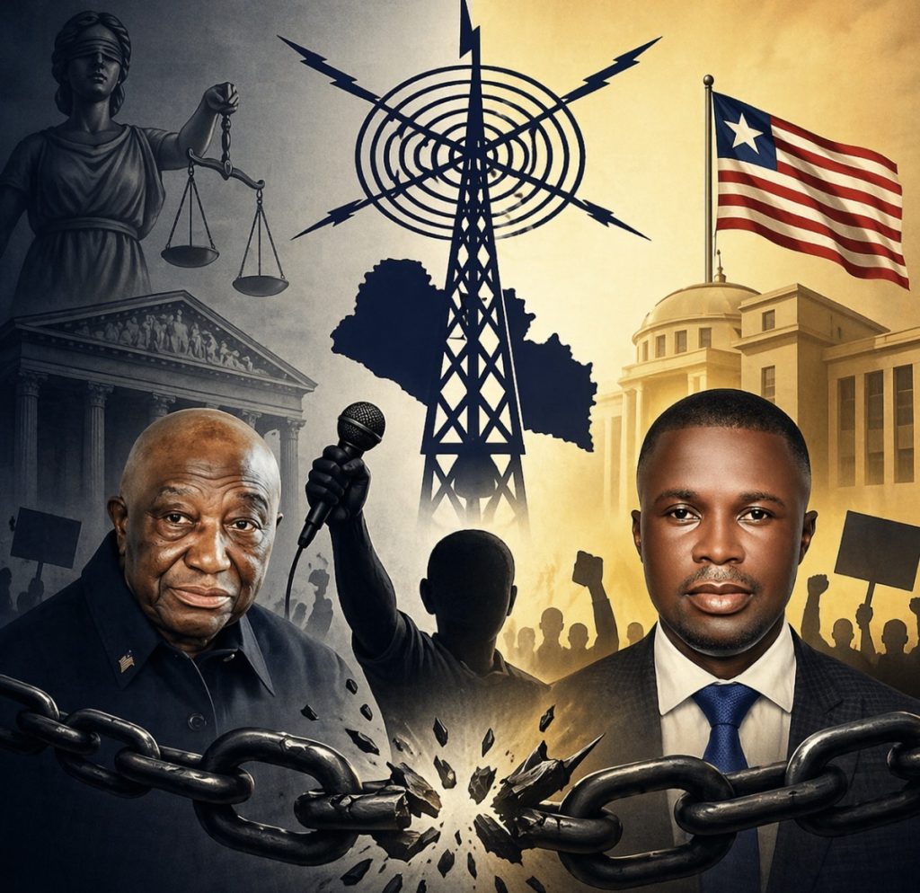 Two men in the foreground with a broken chain between them, set against protesting silhouettes and symbols of justice and democracy (statue, scales, flag).